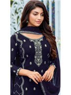 Myra Navy Blue Heavy Faux Georgette Embroidered Pant Style Suit - Distacart