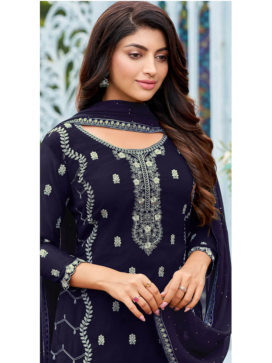 Myra Navy Blue Heavy Faux Georgette Embroidered Pant Style Suit - Distacart