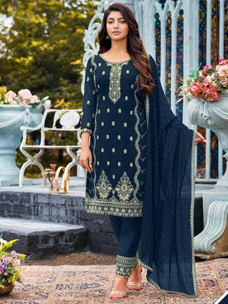 Myra Royal Blue Heavy Faux Georgette Embroidered Pant Style Suit