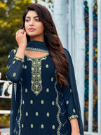 Myra Royal Blue Heavy Faux Georgette Embroidered Pant Style Suit - Distacart