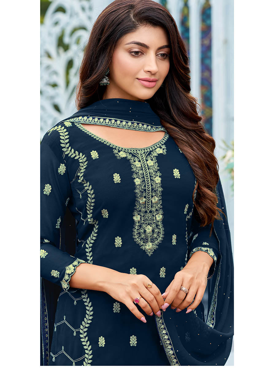 Myra Royal Blue Heavy Faux Georgette Embroidered Pant Style Suit - Distacart