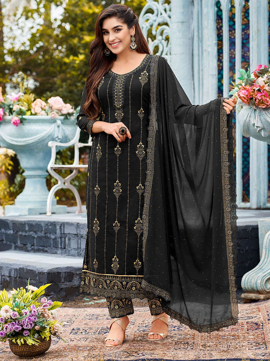 Myra Black Faux Georgette Embroidered Pant Style Suit