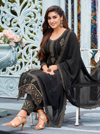 Myra Black Faux Georgette Embroidered Pant Style Suit