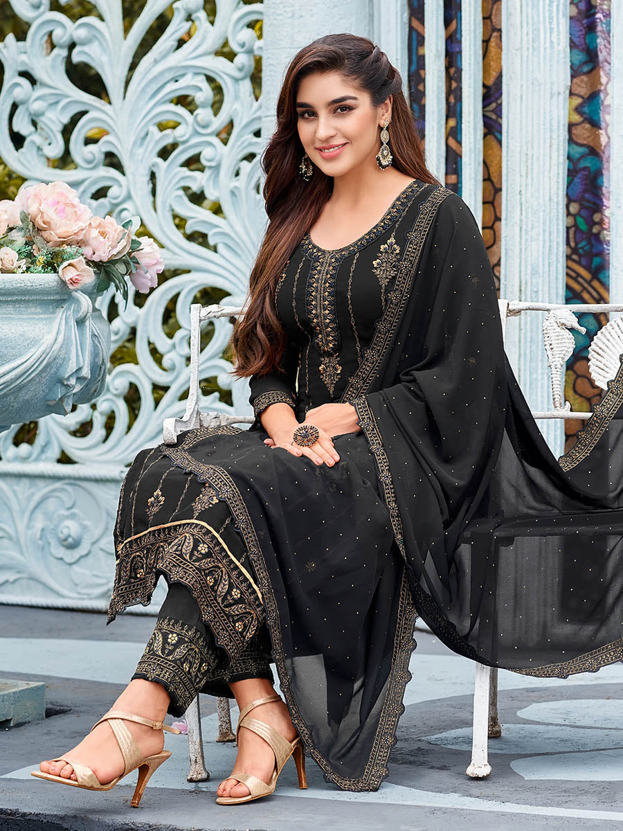Myra Black Faux Georgette Embroidered Pant Style Suit