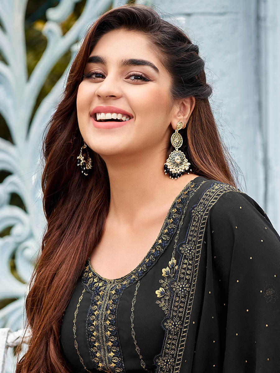 Myra Black Faux Georgette Embroidered Pant Style Suit