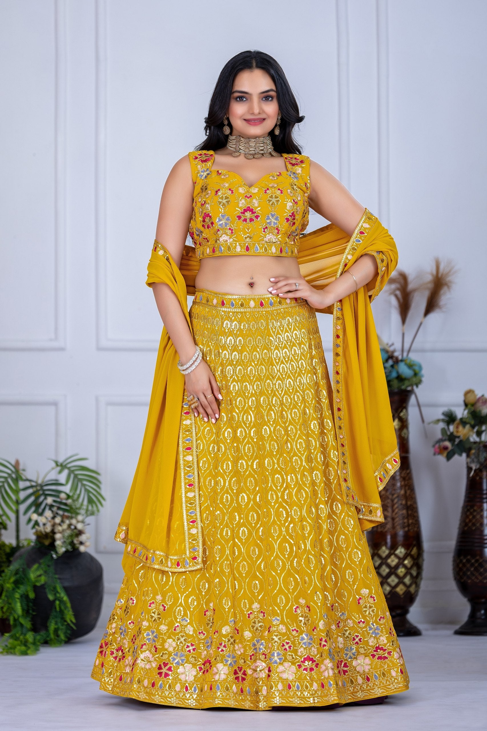 Lehenga Mart Yellow Georgette Desigenr Wedding Lehnega Choli