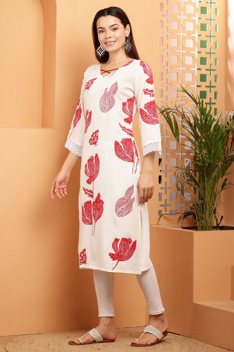 Cheera Women Stylish Hand Block Printed Cotton Blend Flared Kurta - Off White