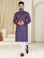 Mens Navy Blue Cotton Printed Kurta - Mahotsav