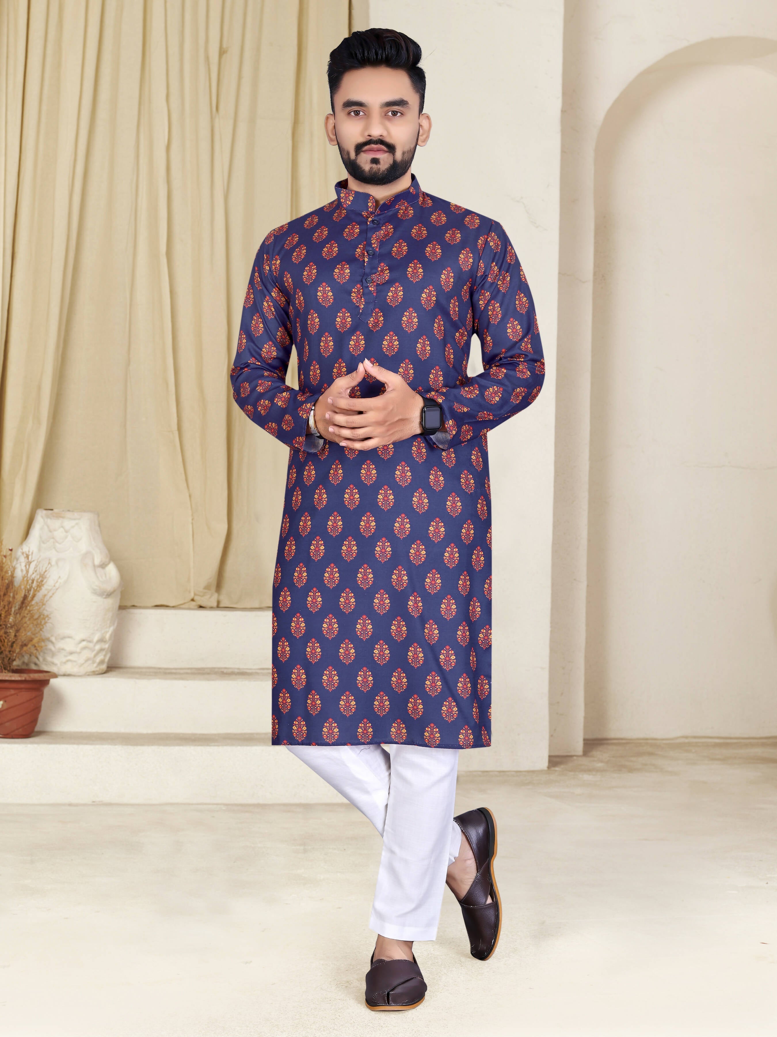 Mens Navy Blue Cotton Printed Kurta - Mahotsav