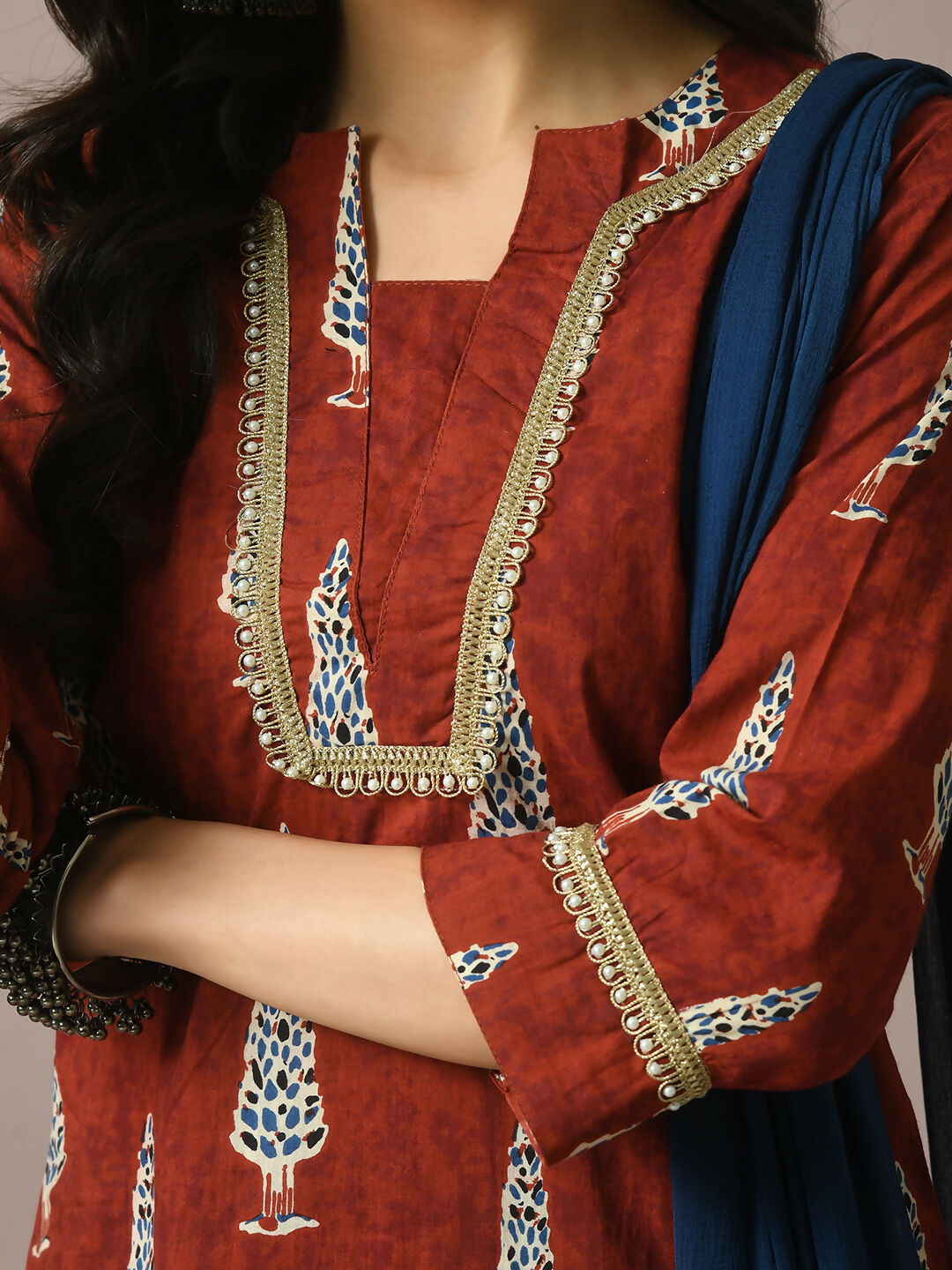 Myshka Women's Rust Printed Cotton Straight Party Kurta Set With Dupatta