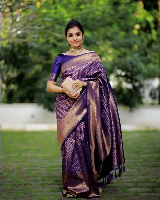 DEIANA'S Beautiful Designer Golden zari Soft Lichi Silk Saree - Purple
