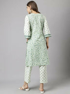 FIORRA Women's Sea Green Cotton A-Line Kurta Set