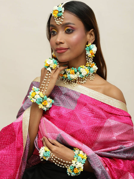 Flower Jewellery Gold-Polished Turquoise Blue Floral Jewellery Set - Ruby Raang