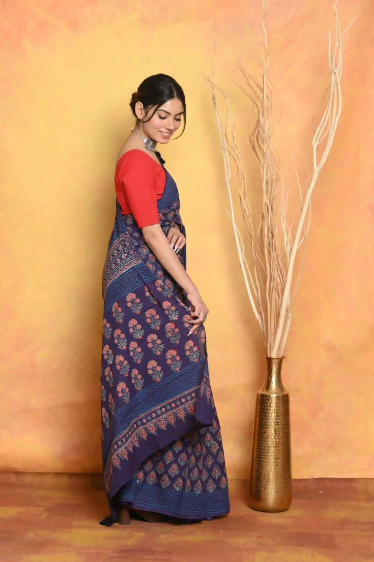 Very Much Indian Handblock Printed Cotton Saree With Natural Dyes - Blue - Distacart
