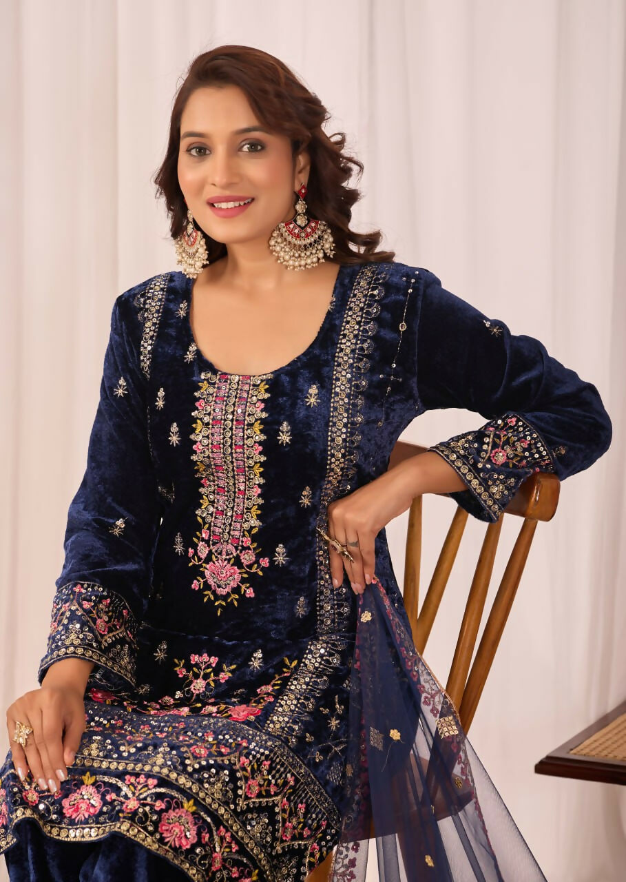 Joban Fashion Blue Kurta Set Velvet Embroidery Sequence Work - Distacart