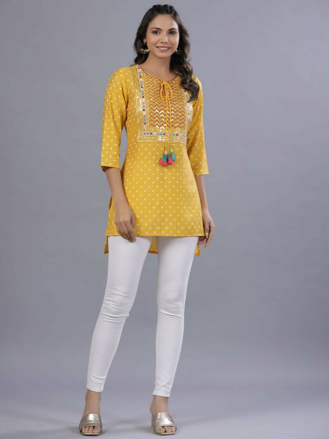Juniper Women Yellow Muslin Printed High-Low Straight Tunic With Embroidered Yoke