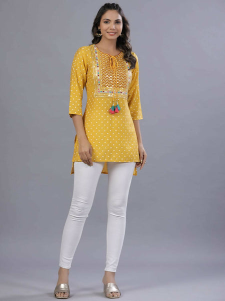 Juniper Women Yellow Muslin Printed High-Low Straight Tunic With Embroidered Yoke