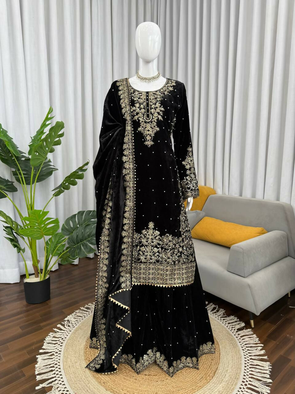 Vastranavya Black Viscose Velvet Cording Sequence With Moti Work Top-Bottom With Dupatta - Distacart