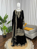 Vastranavya Black Viscose Velvet Cording Sequence With Moti Work Top-Bottom With Dupatta - Distacart