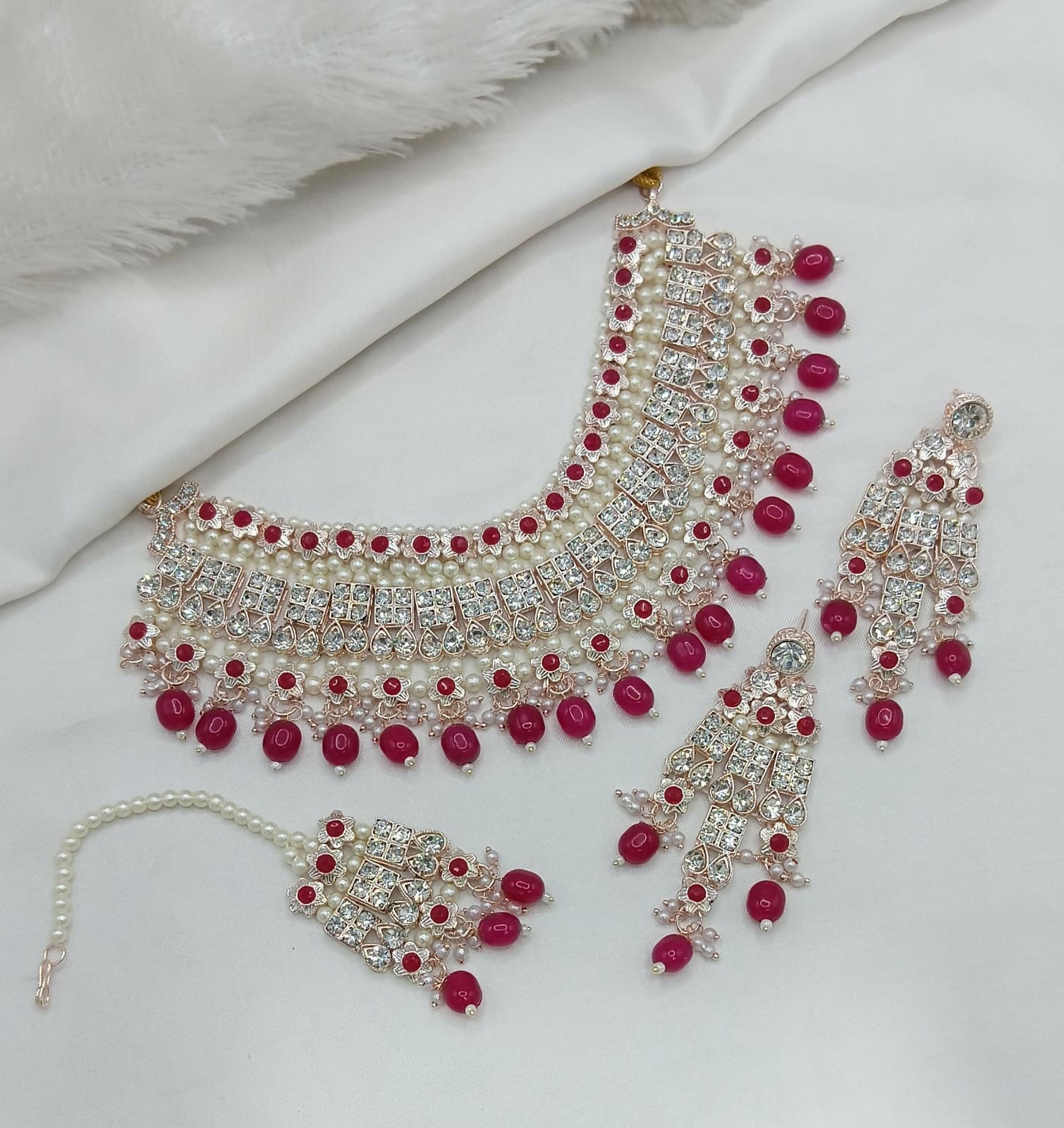 Joban Fashion Ruby Stone With Pearl Work Necklace Set