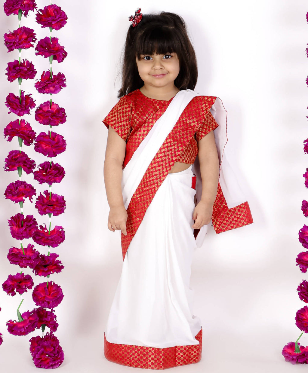 Little Bansi Girls Red And White Color Bengali Saree With Floral Brocade Blouse