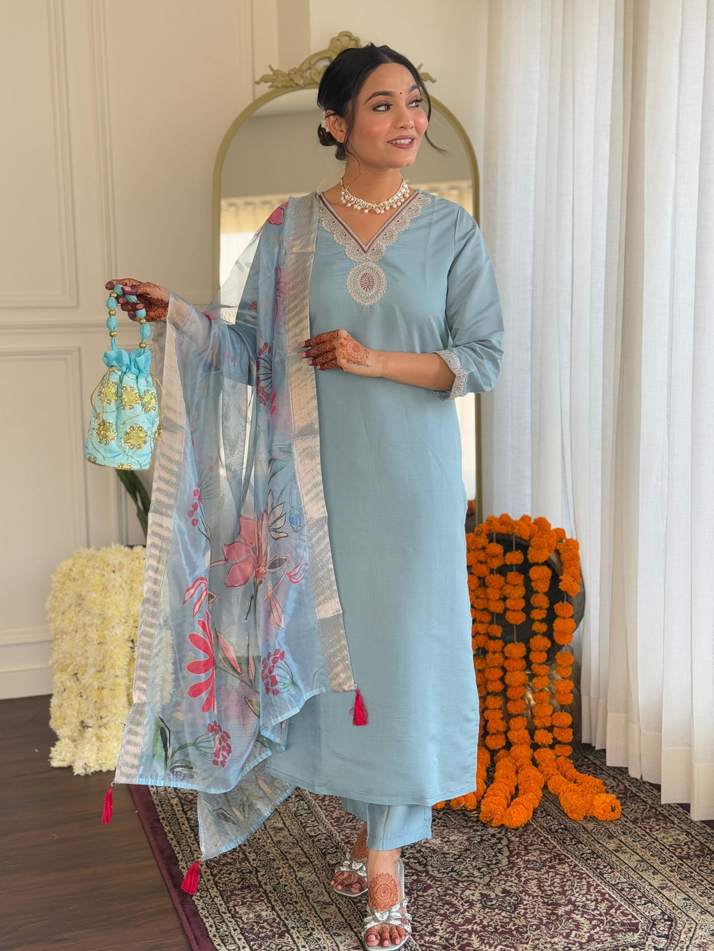 Teeya Creation Light Sky Color Roman Silk Embroidery Work Fully Stitched Kurti Set - Distacart