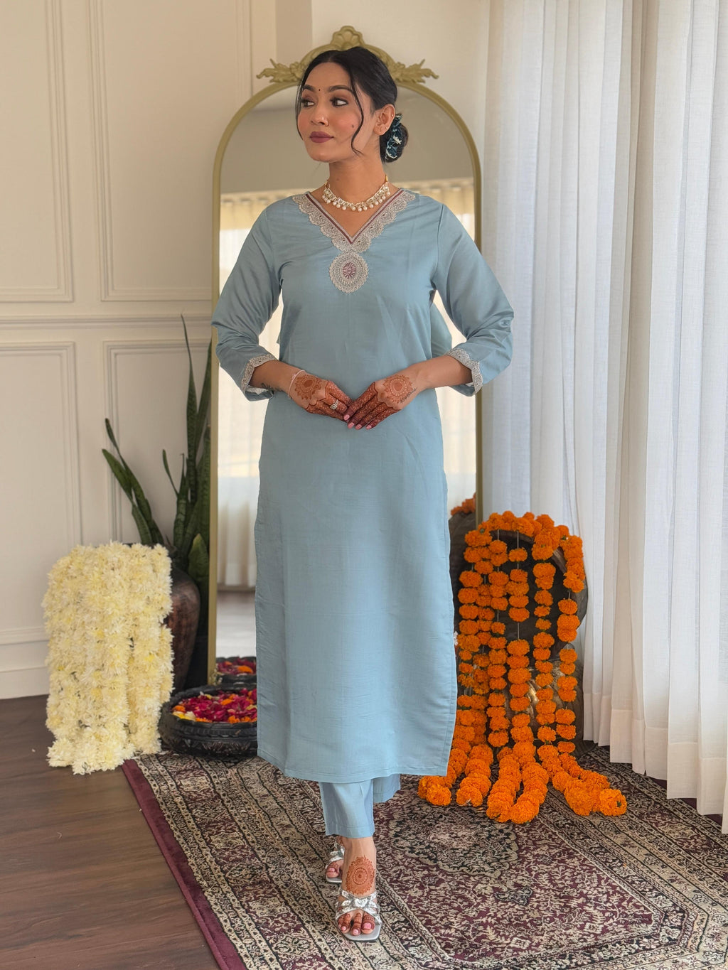 Teeya Creation Light Sky Color Roman Silk Embroidery Work Fully Stitched Kurti Set - Distacart