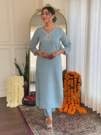 Teeya Creation Light Sky Color Roman Silk Embroidery Work Fully Stitched Kurti Set - Distacart