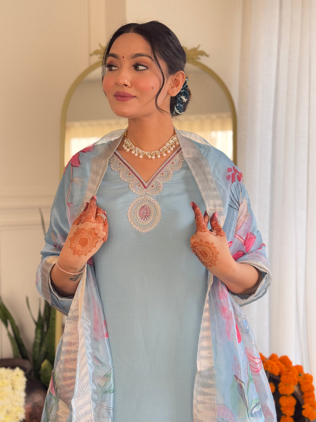 Teeya Creation Light Sky Color Roman Silk Embroidery Work Fully Stitched Kurti Set - Distacart