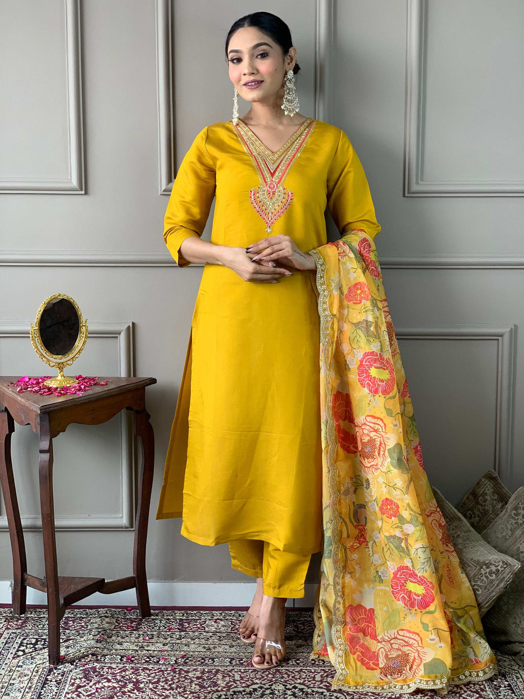 Teeya Creation Yellow Color Chanderi Silk Embroidery Work Fully Stitched Kurti Set - Distacart