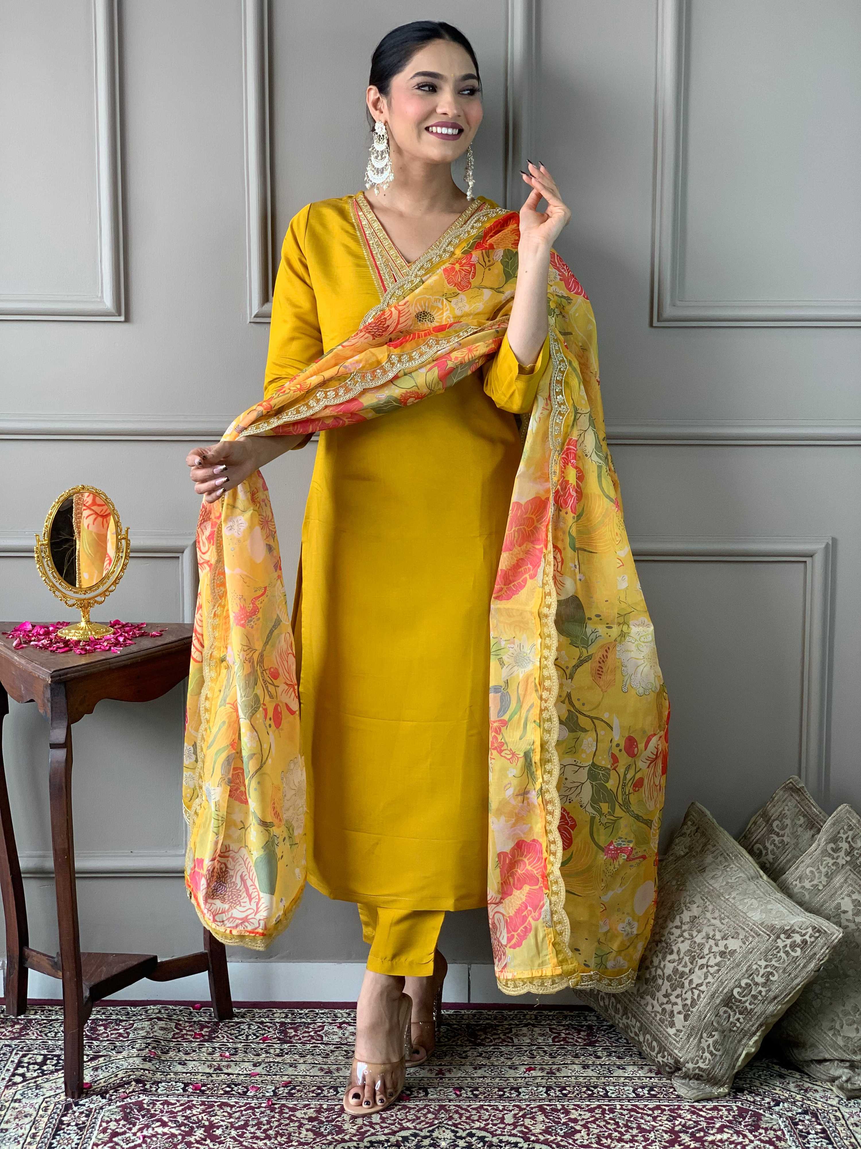 Teeya Creation Yellow Color Chanderi Silk Embroidery Work Fully Stitched Kurti Set - Distacart