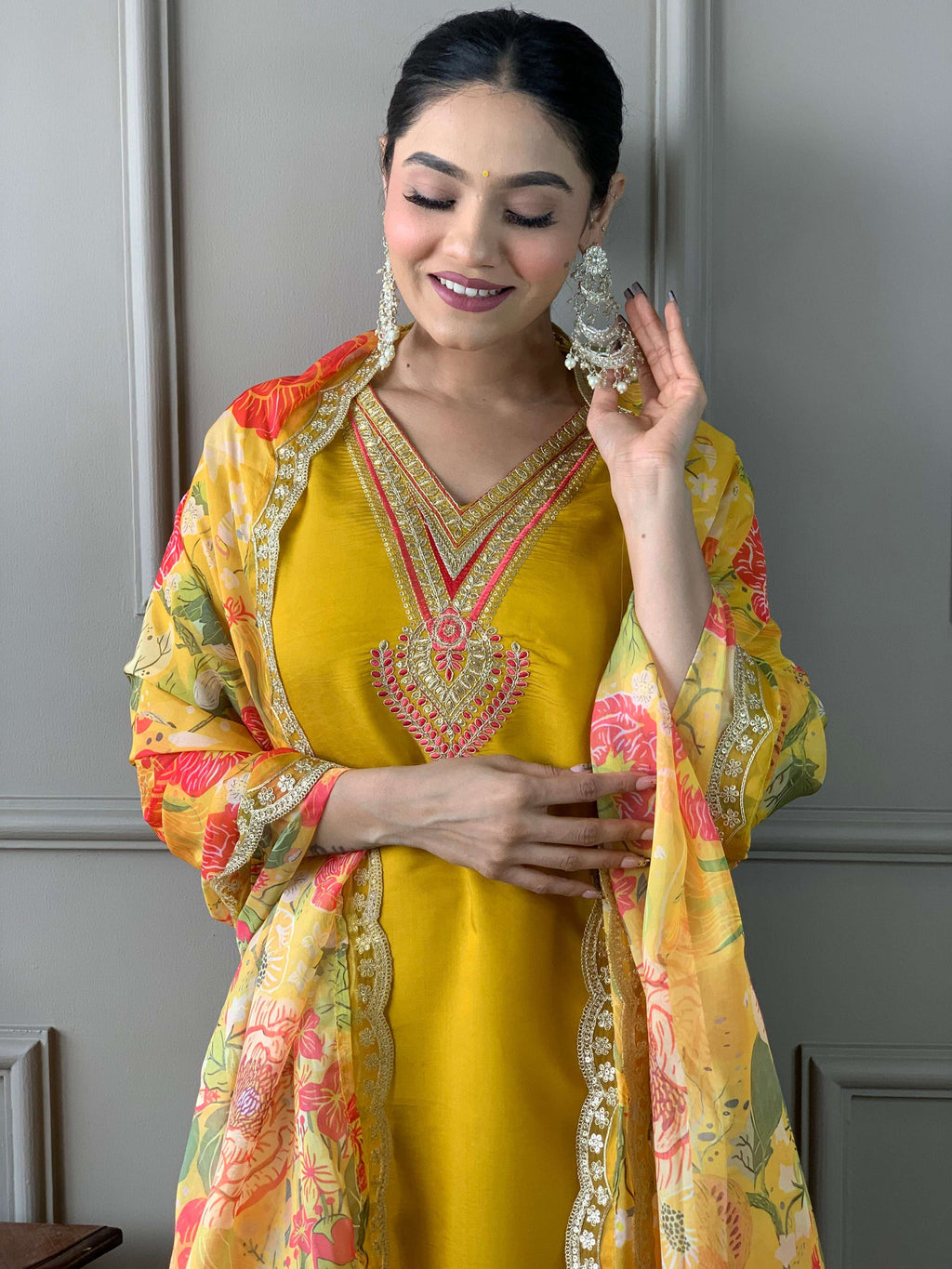 Teeya Creation Yellow Color Chanderi Silk Embroidery Work Fully Stitched Kurti Set - Distacart