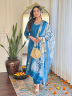Teeya Creation Blue Color Roman Silk Embroidery Work Fully Stitched Kurti Set - Distacart
