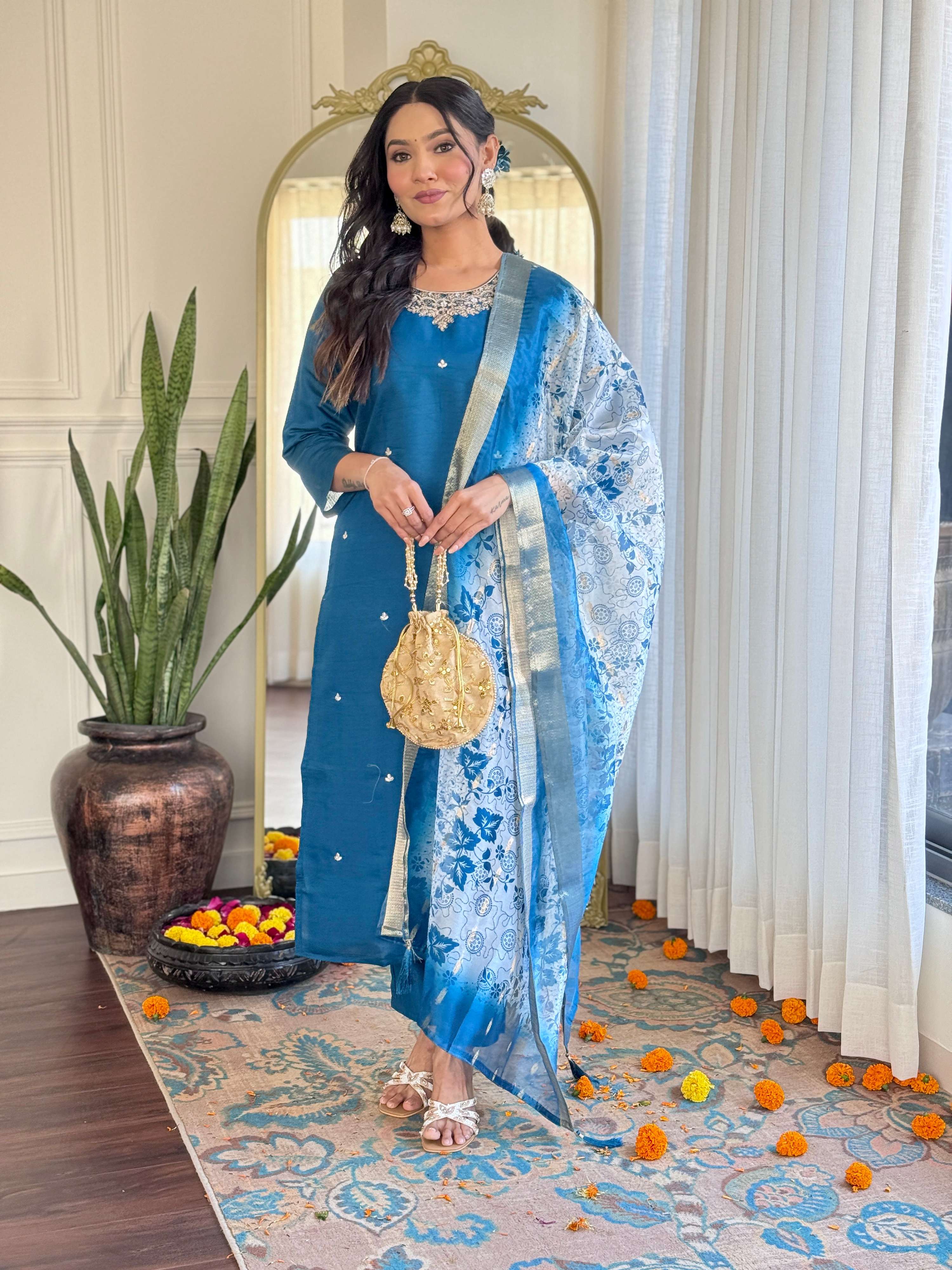 Teeya Creation Blue Color Roman Silk Embroidery Work Fully Stitched Kurti Set - Distacart