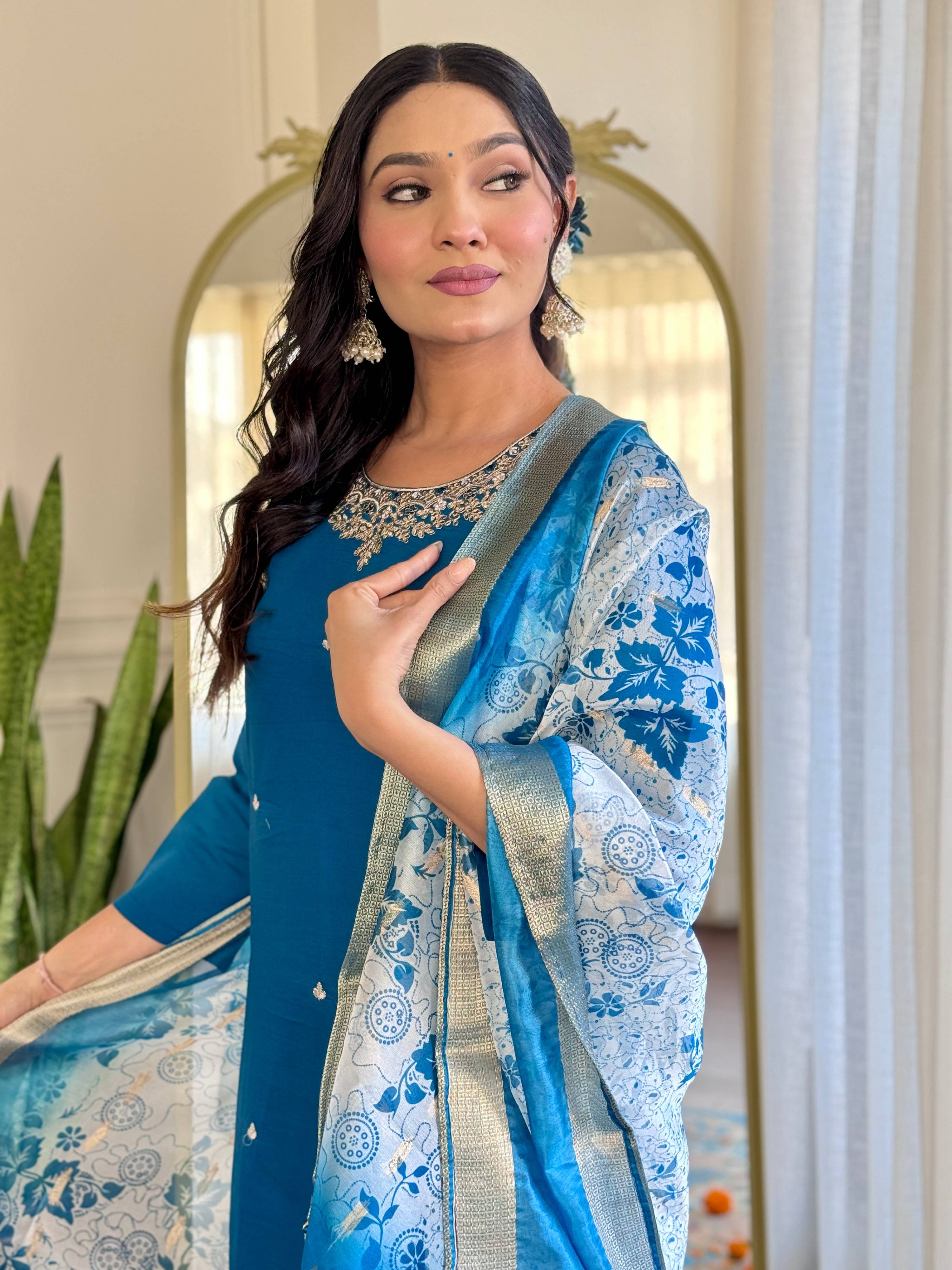 Teeya Creation Blue Color Roman Silk Embroidery Work Fully Stitched Kurti Set - Distacart