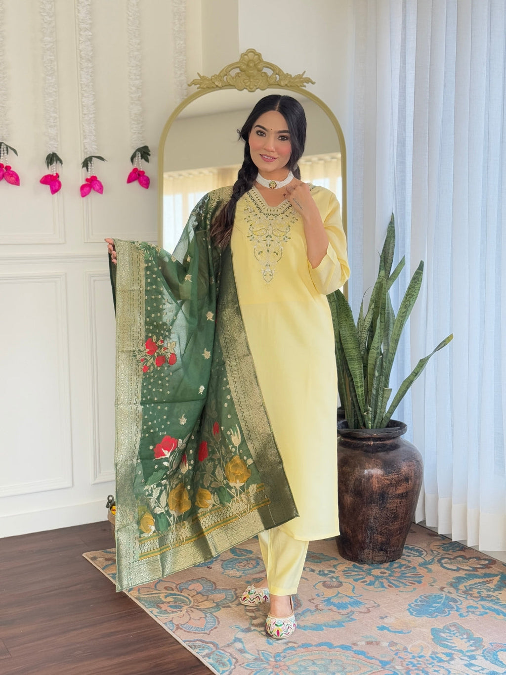 Teeya Creation Light Yellow Color Viscose Chanderi Embroidery Work Fully Stitched Kurti Set - Distacart
