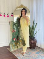 Teeya Creation Light Yellow Color Viscose Chanderi Embroidery Work Fully Stitched Kurti Set - Distacart