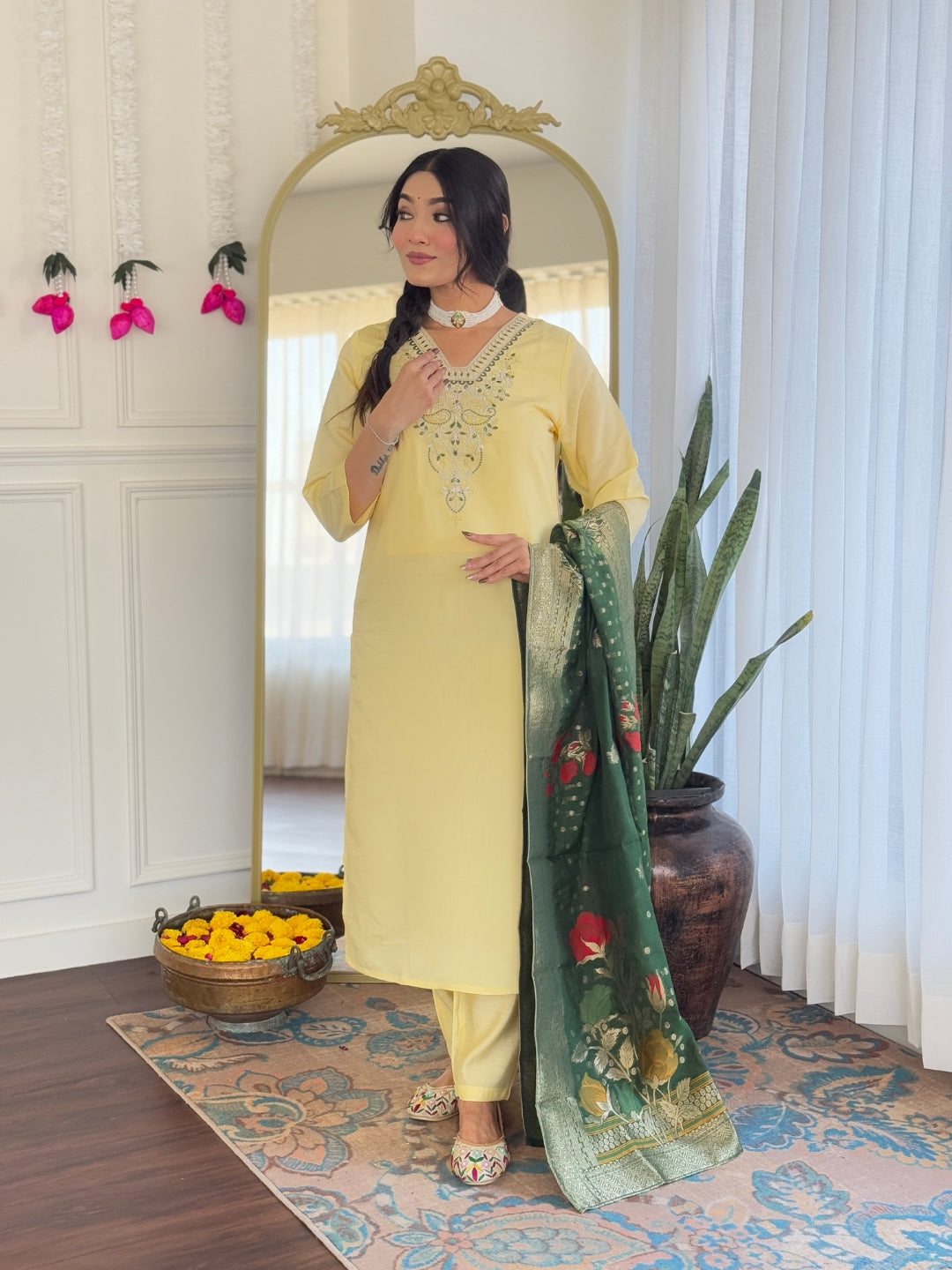 Teeya Creation Light Yellow Color Viscose Chanderi Embroidery Work Fully Stitched Kurti Set - Distacart