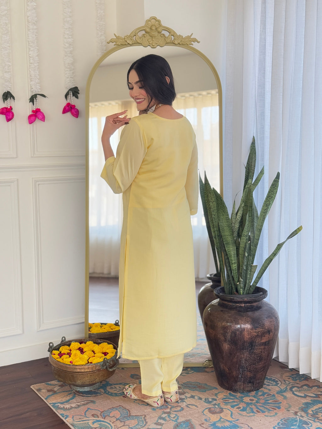 Teeya Creation Light Yellow Color Viscose Chanderi Embroidery Work Fully Stitched Kurti Set - Distacart