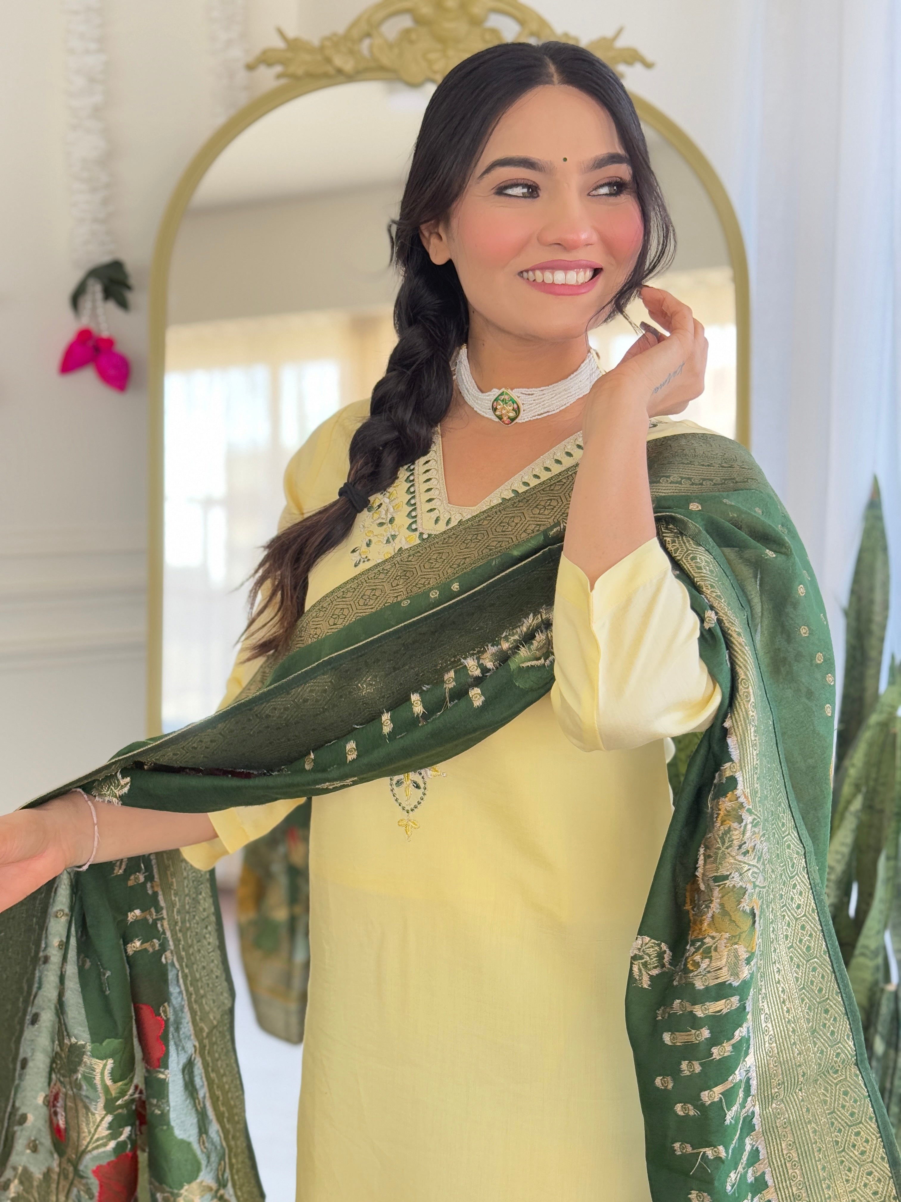 Teeya Creation Light Yellow Color Viscose Chanderi Embroidery Work Fully Stitched Kurti Set - Distacart