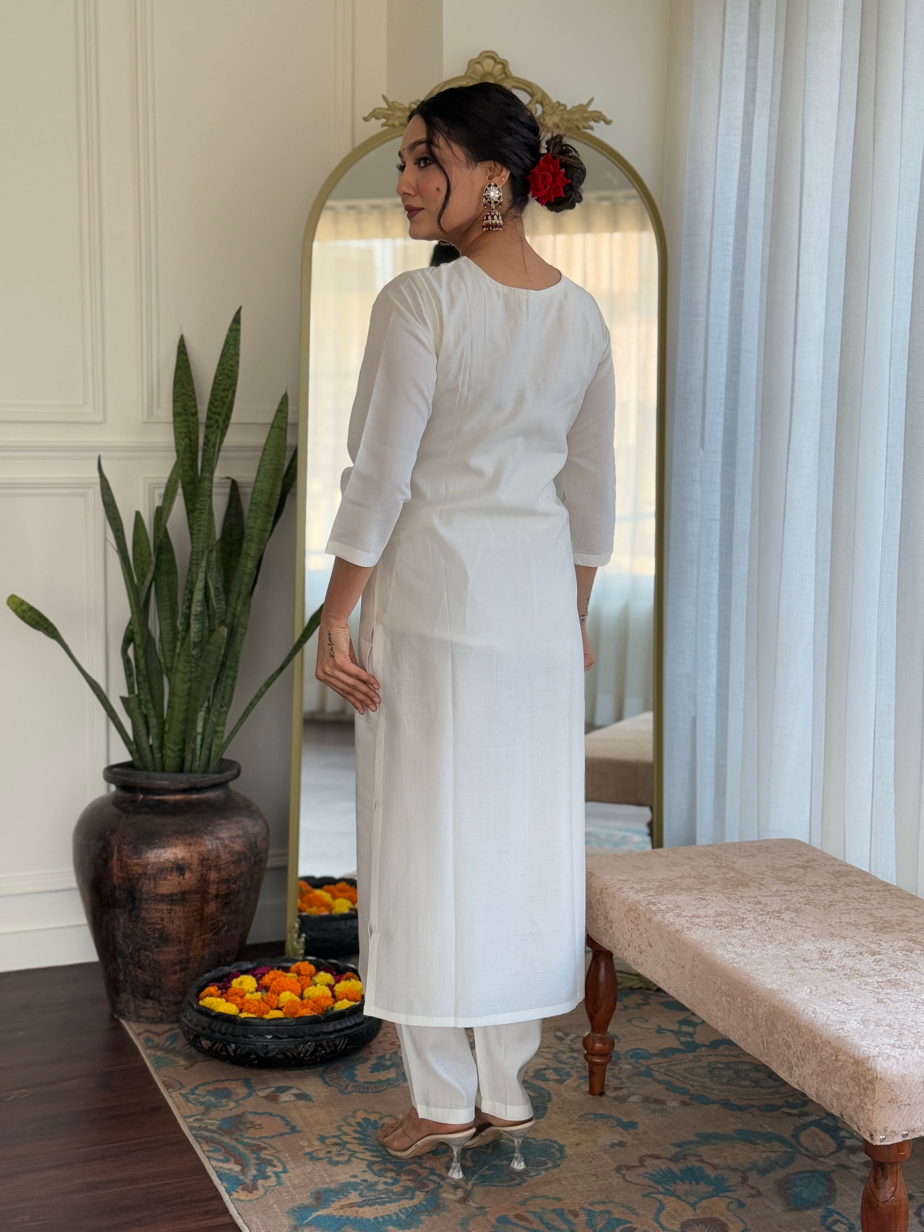 Teeya Creation White Color Roman Silk Embroidery Work Fully Stitched Kurti Set - Distacart