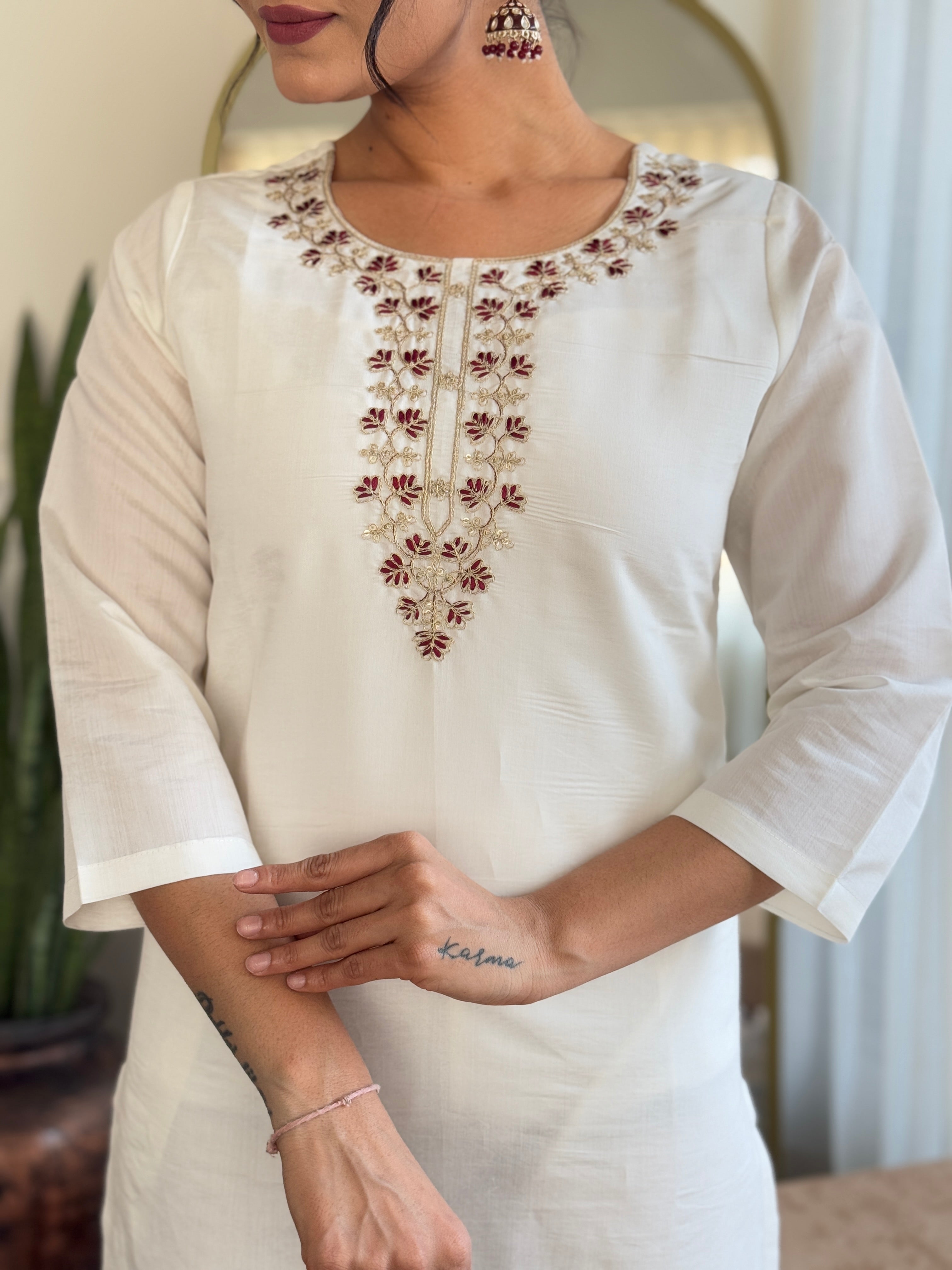 Teeya Creation White Color Roman Silk Embroidery Work Fully Stitched Kurti Set - Distacart