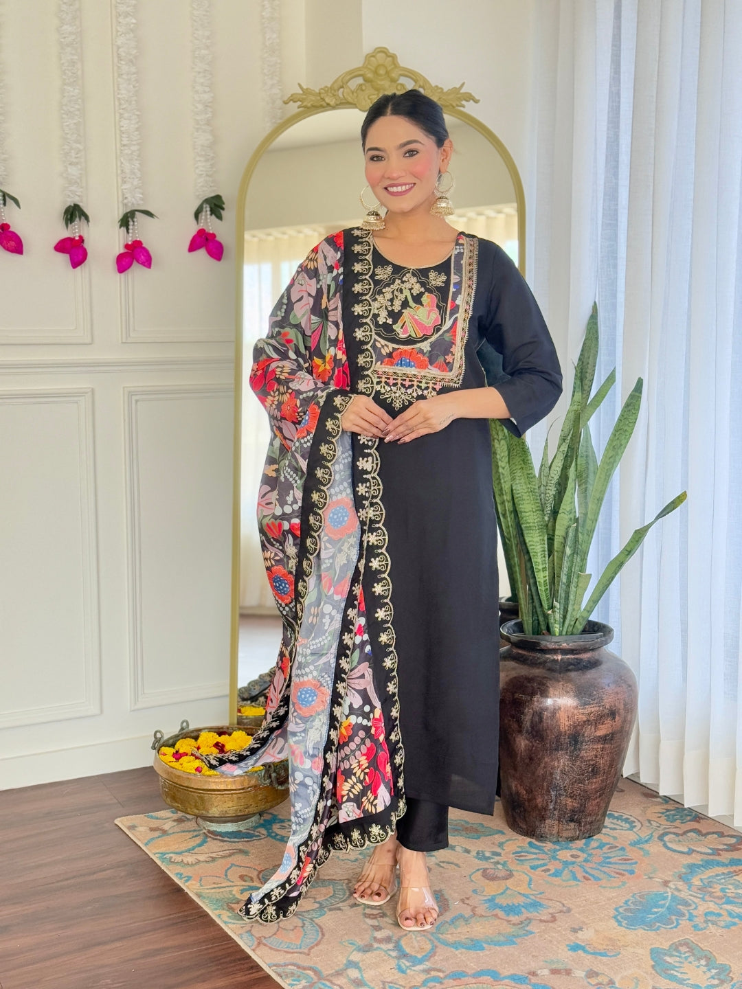 Teeya Creation Black Color Viscose Chanderi Embroidery Work Fully Stitched Kurti Set - Distacart