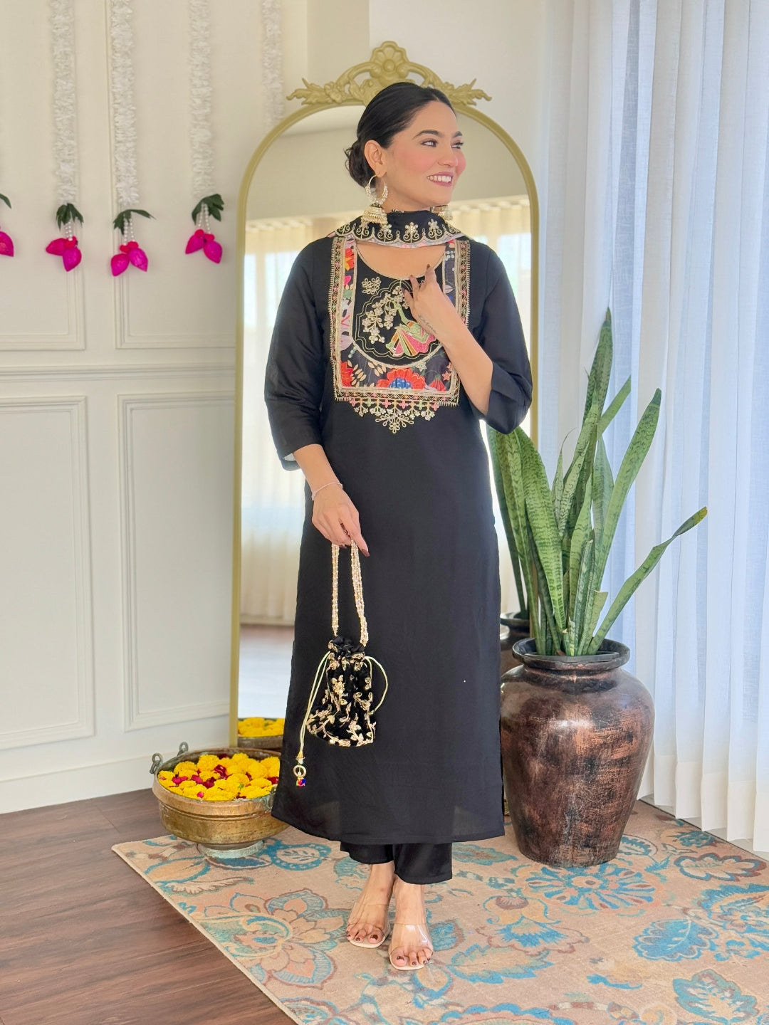 Teeya Creation Black Color Viscose Chanderi Embroidery Work Fully Stitched Kurti Set - Distacart