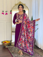 Teeya Creation Wine Color Viscose Chanderi Embroidery Work Fully Stitched Kurti Set - Distacart