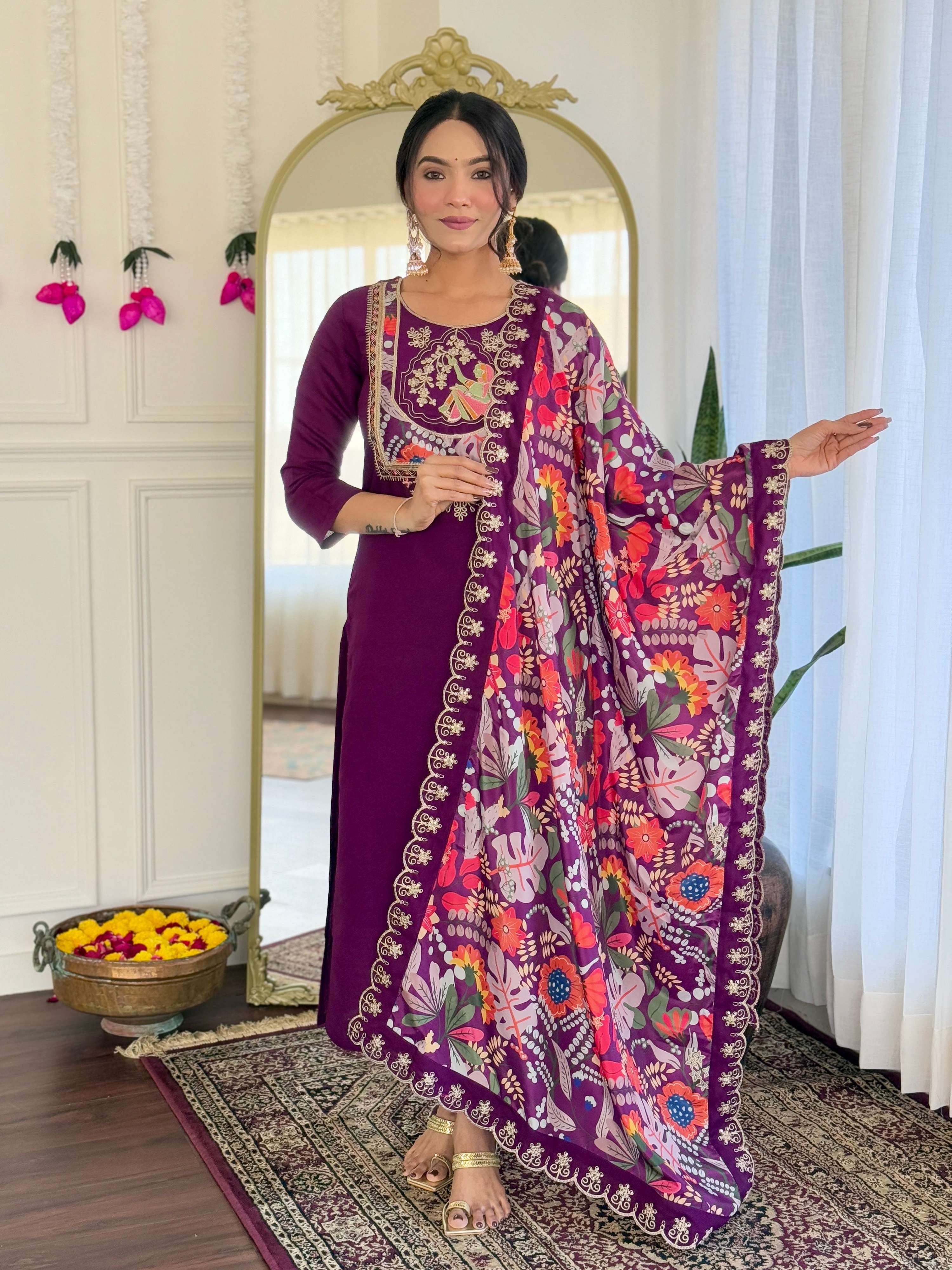 Teeya Creation Wine Color Viscose Chanderi Embroidery Work Fully Stitched Kurti Set - Distacart
