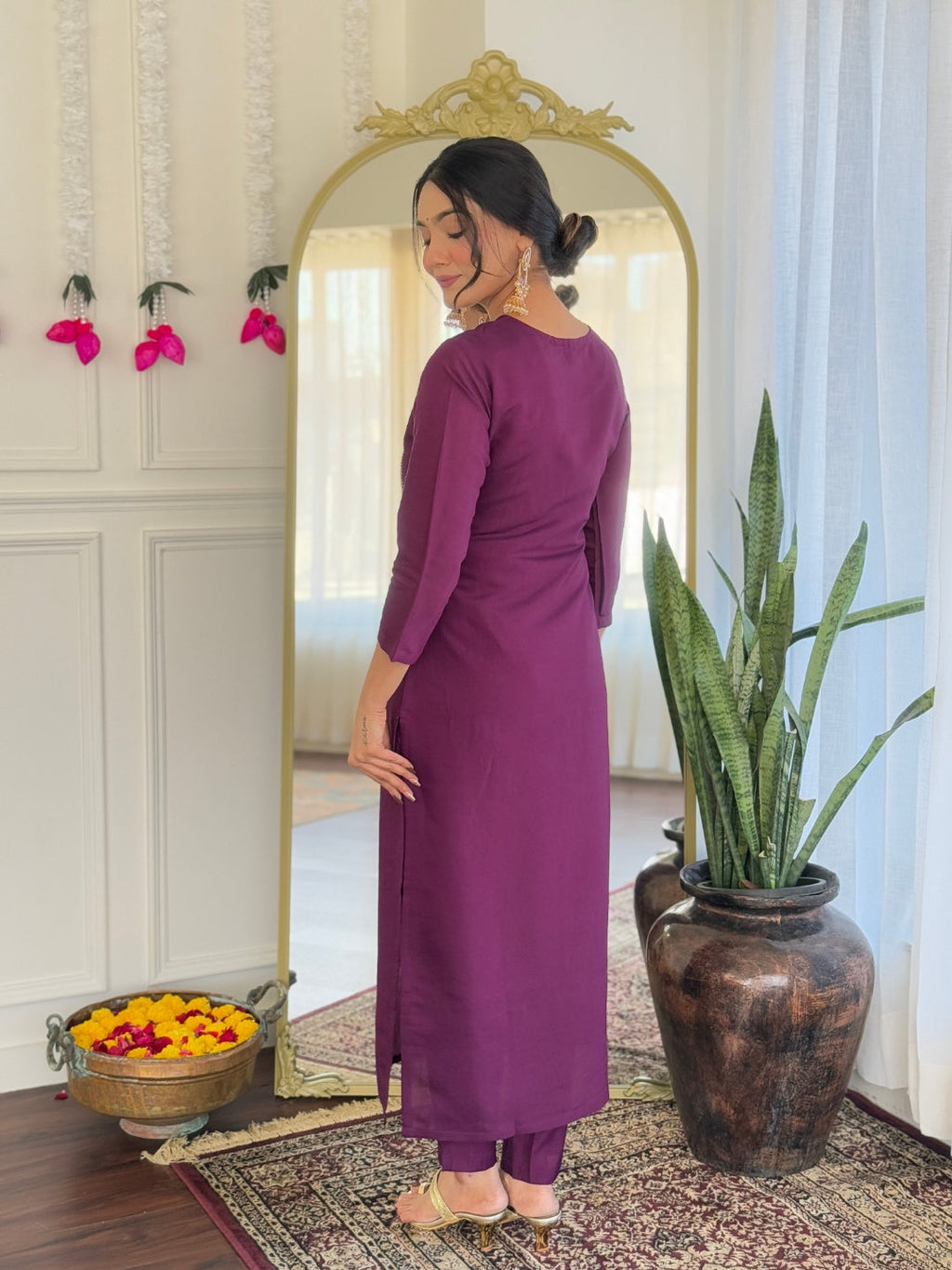 Teeya Creation Wine Color Viscose Chanderi Embroidery Work Fully Stitched Kurti Set - Distacart
