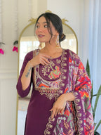 Teeya Creation Wine Color Viscose Chanderi Embroidery Work Fully Stitched Kurti Set - Distacart