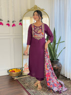 Teeya Creation Wine Color Viscose Chanderi Embroidery Work Fully Stitched Kurti Set - Distacart