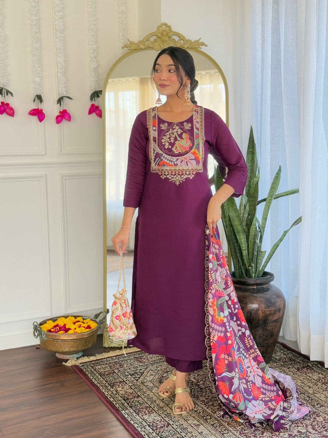 Teeya Creation Wine Color Viscose Chanderi Embroidery Work Fully Stitched Kurti Set - Distacart